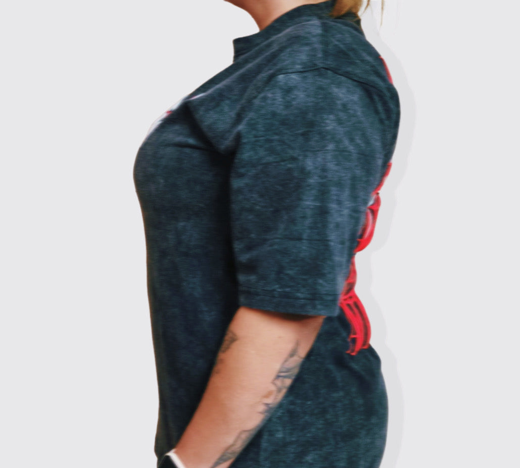 Oversized acid-washed black heavyweight tee with red graphic and short sleeves.