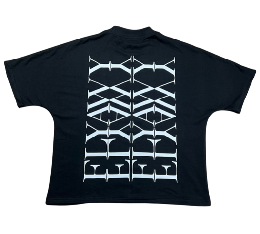 Black oversized heavyweight cotton T-shirt with bold white vertical graphic text on the back.