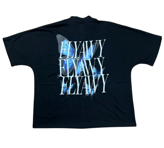 Black oversized heavyweight tee with large blue and white "FLYAWY" text and butterfly graphic on the back.