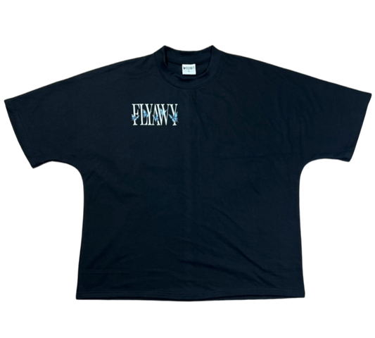 Black oversized heavyweight cotton t-shirt with small white "FLYAWY" graphic on the upper left chest.