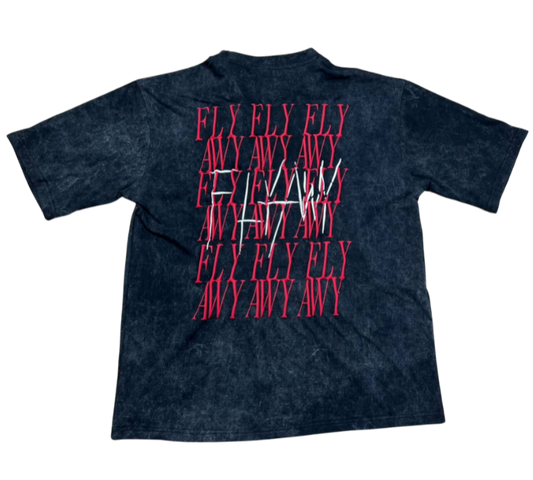 Oversized acid-washed black graphic tee with layered red and white "FLY AWAY" text on the back.